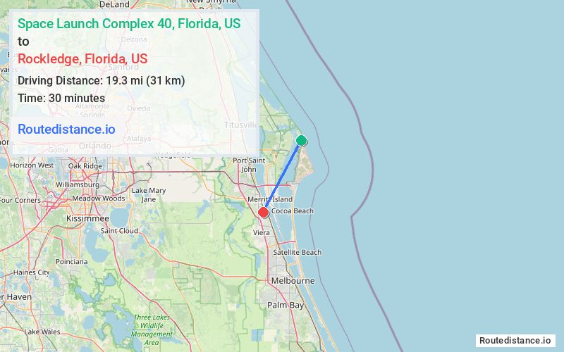 Route map from Space Launch Complex 40 to Rockledge