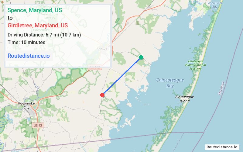 Route map from Spence to Girdletree