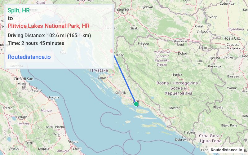Route map from Split to Plitvice Lakes National Park