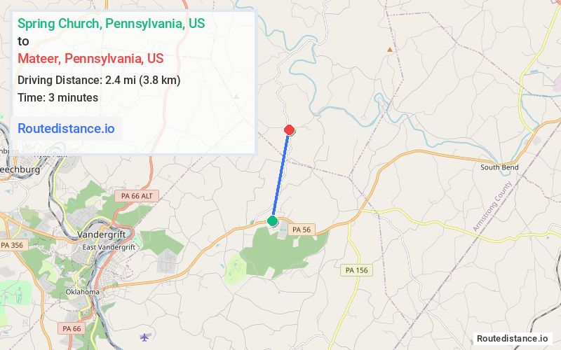 Route map from Spring Church to Mateer