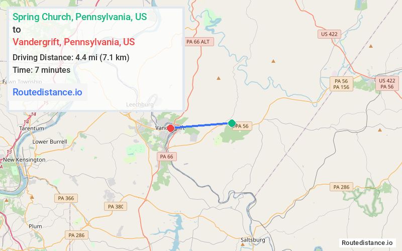 Distance from Spring Church to Vandergrift