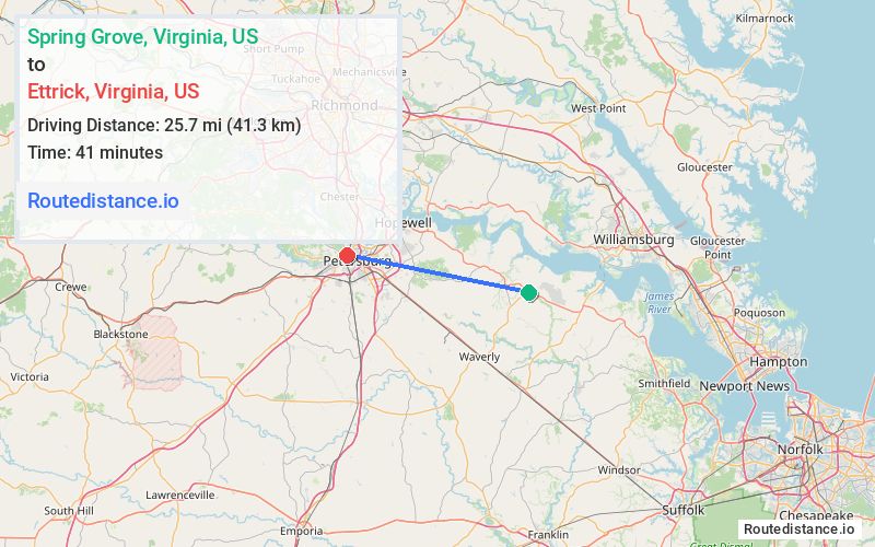 Route map from Spring Grove to Ettrick