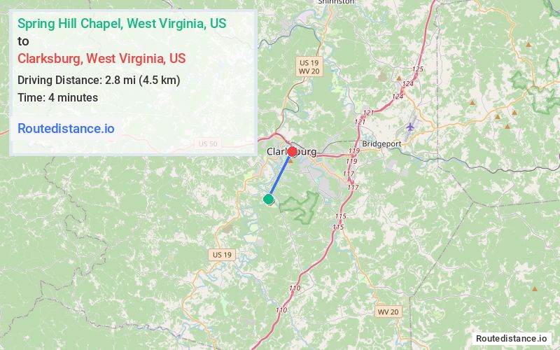 Route map from Spring Hill Chapel to Clarksburg