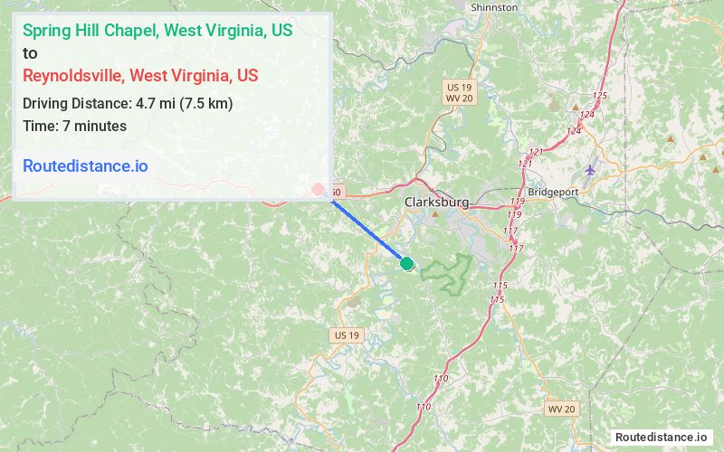 Route map from Spring Hill Chapel to Reynoldsville