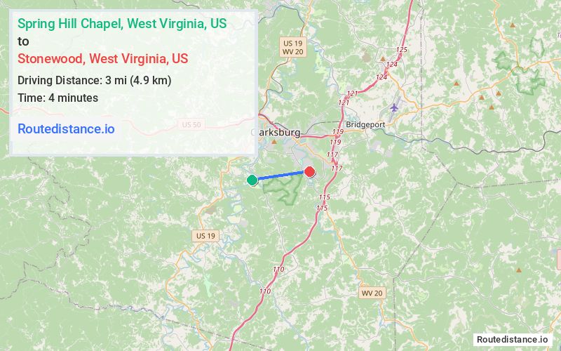 Route map from Spring Hill Chapel to Stonewood