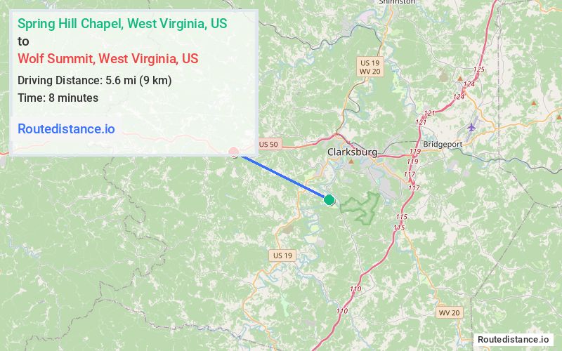 Route map from Spring Hill Chapel to Wolf Summit
