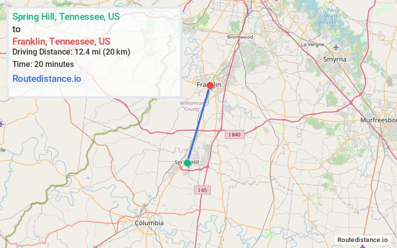 Route map from Spring Hill to Franklin