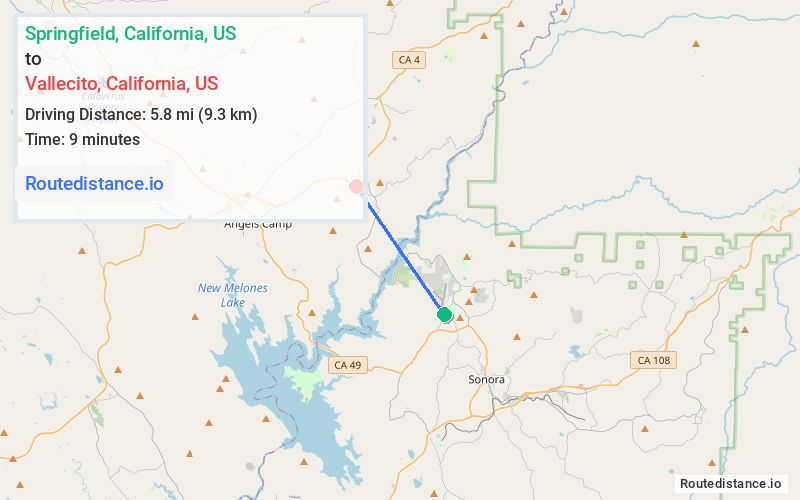 Route map from Springfield to Vallecito
