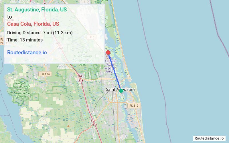Route map from St. Augustine to Casa Cola