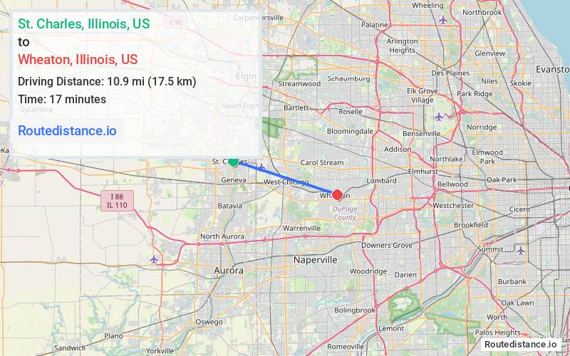 Route map from St. Charles to Wheaton