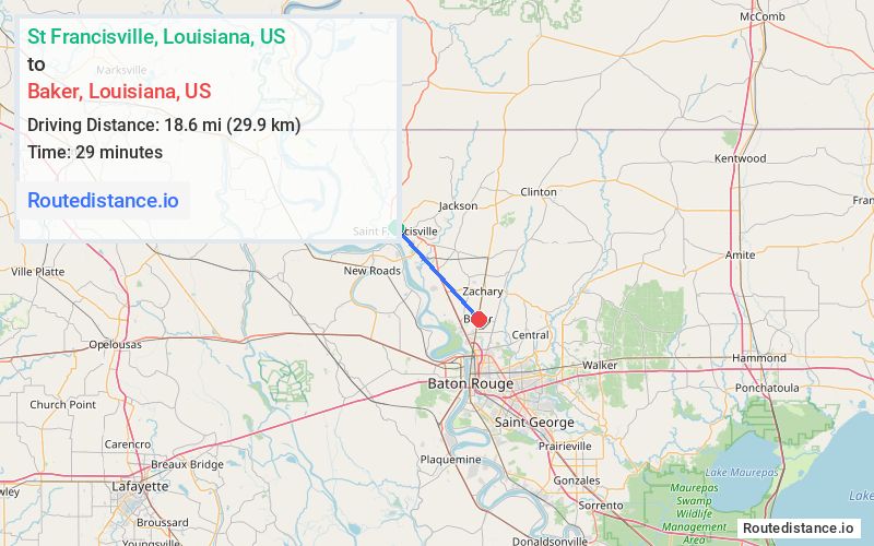 Route map from St Francisville to Baker