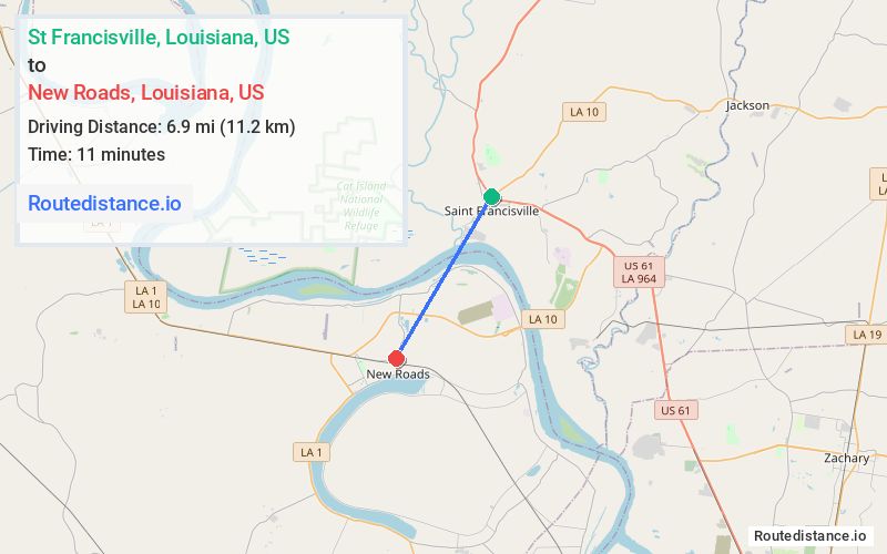 Route map from St Francisville to New Roads