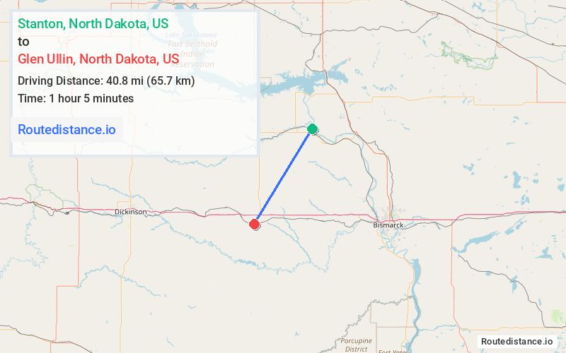 Route map from Stanton to Glen Ullin