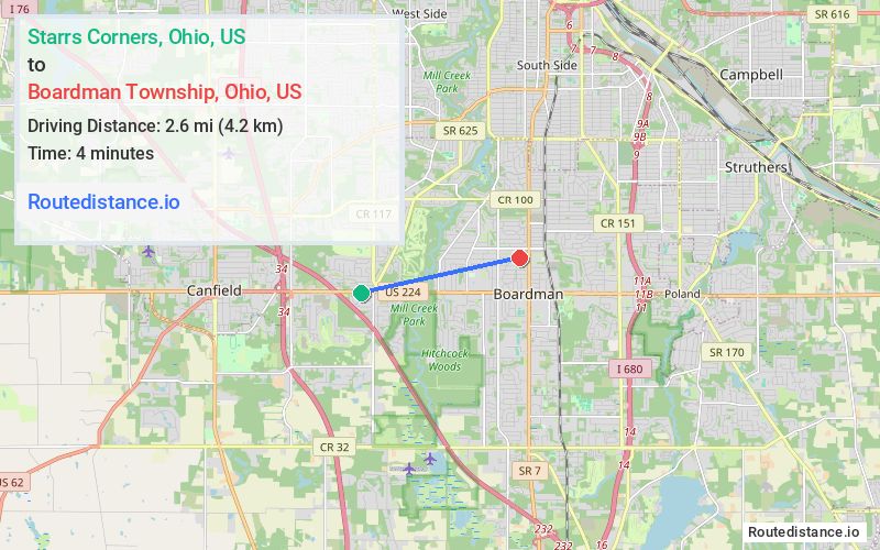 Route map from Starrs Corners to Boardman Township