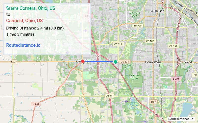 Route map from Starrs Corners to Canfield