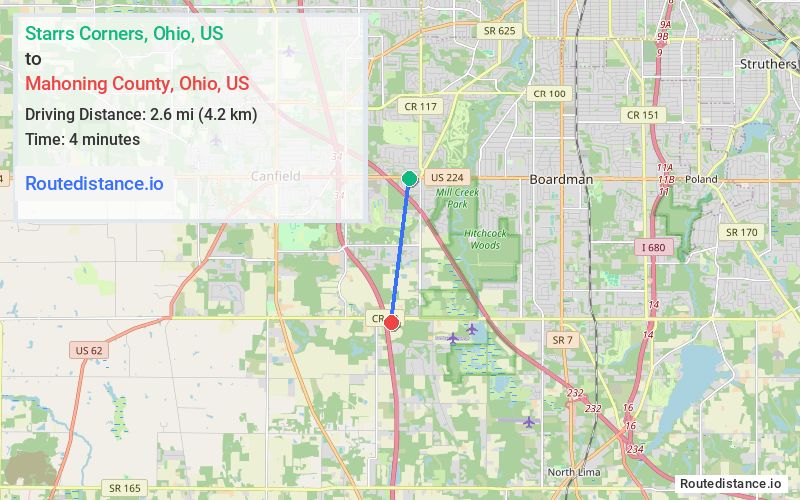 Route map from Starrs Corners to Mahoning County