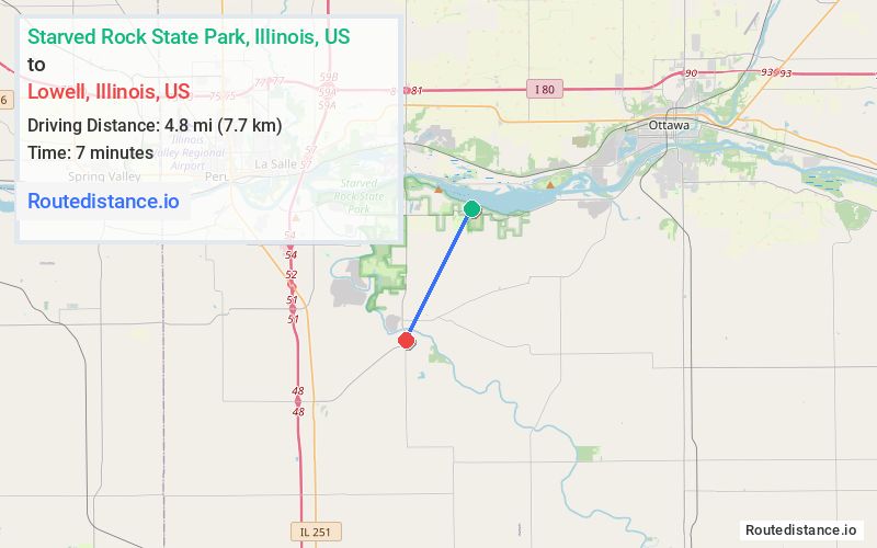 Route map from Starved Rock State Park to Lowell