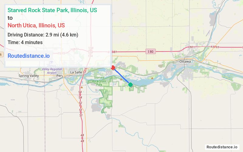 Route map from Starved Rock State Park to North Utica
