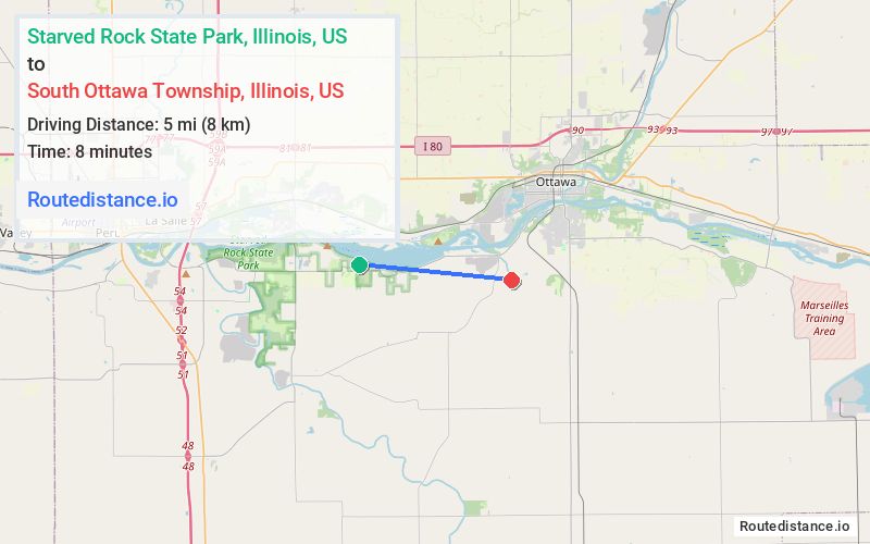 Route map from Starved Rock State Park to South Ottawa Township