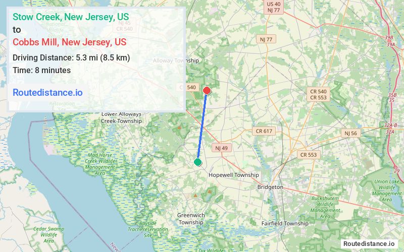 Route map from Stow Creek to Cobbs Mill