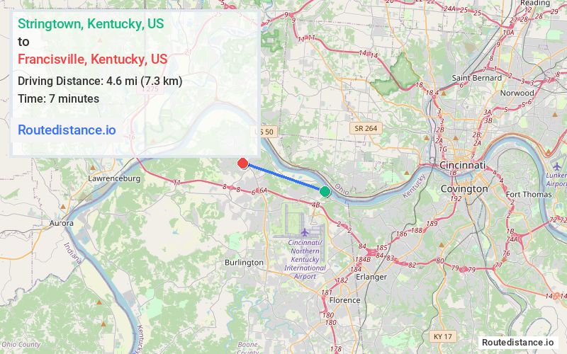 Route map from Stringtown to Francisville