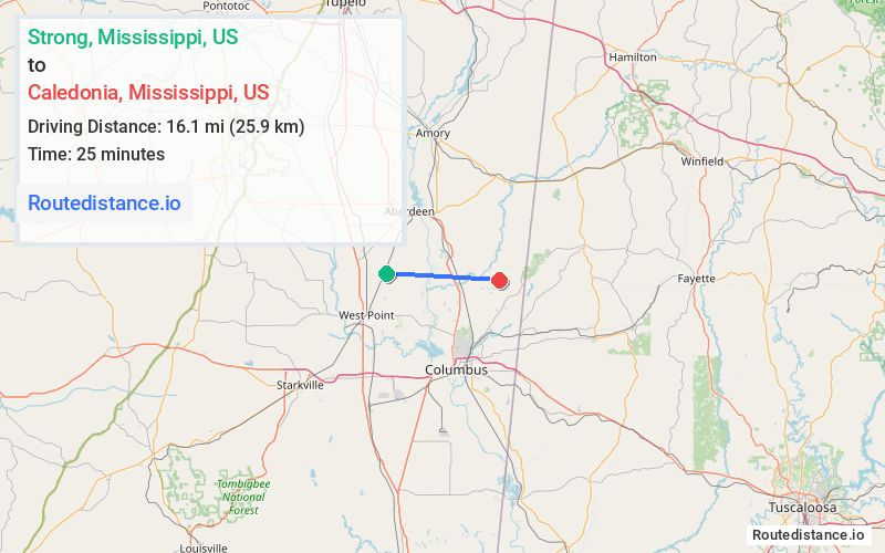 Route map from Strong to Caledonia