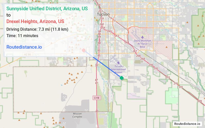 Route map from Sunnyside Unified District to Drexel Heights