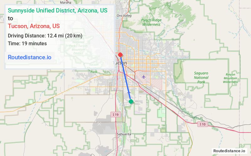 Route map from Sunnyside Unified District to Tucson