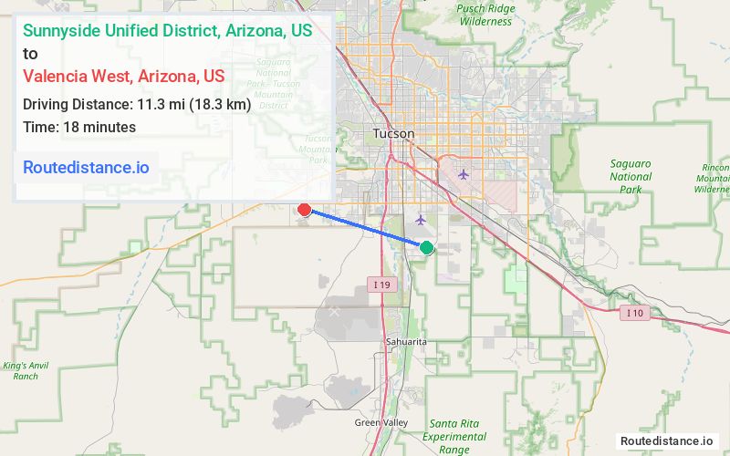 Route map from Sunnyside Unified District to Valencia West