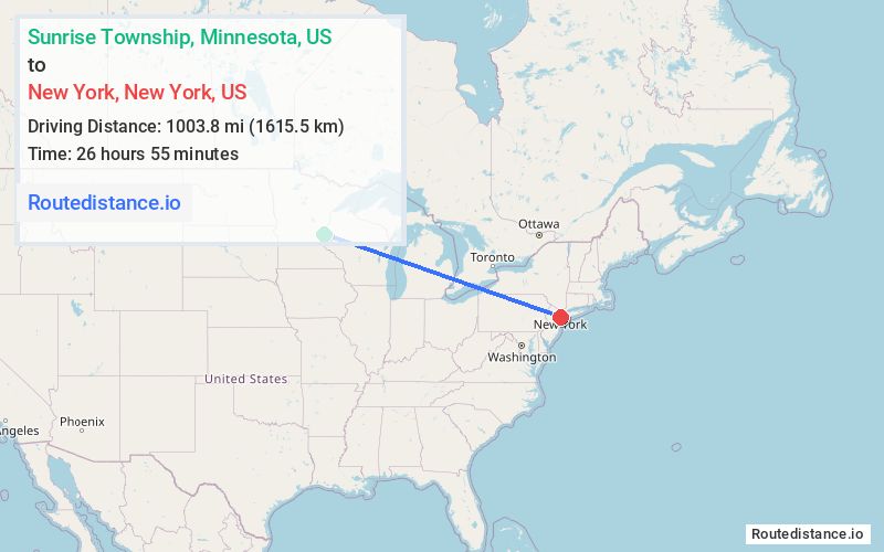 Route map from Sunrise Township to New York