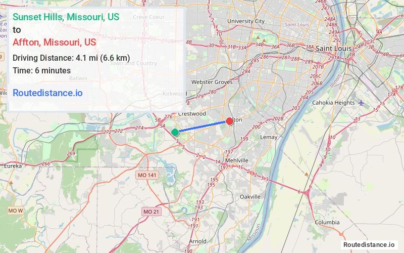 Route map from Sunset Hills to Affton