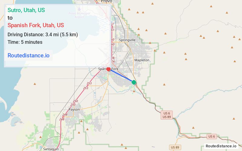 Route map from Sutro to Spanish Fork