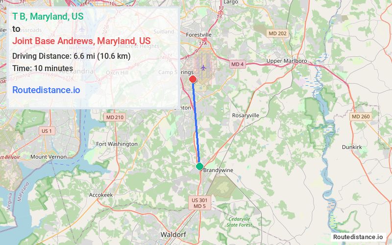 Route map from T B to Joint Base Andrews