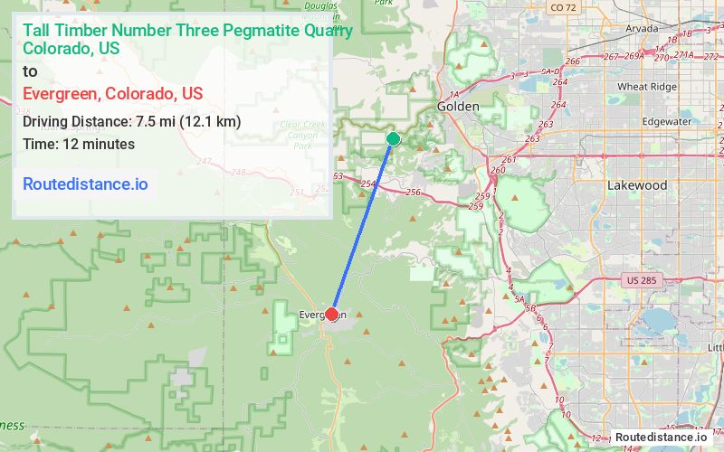 Route map from Tall Timber Number Three Pegmatite Quarry to Evergreen