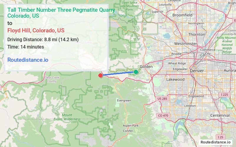 Route map from Tall Timber Number Three Pegmatite Quarry to Floyd Hill