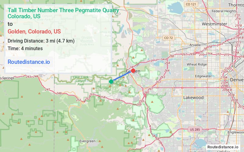 Route map from Tall Timber Number Three Pegmatite Quarry to Golden
