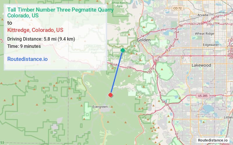 Route map from Tall Timber Number Three Pegmatite Quarry to Kittredge