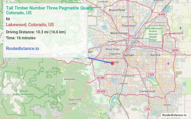 Route map from Tall Timber Number Three Pegmatite Quarry to Lakewood
