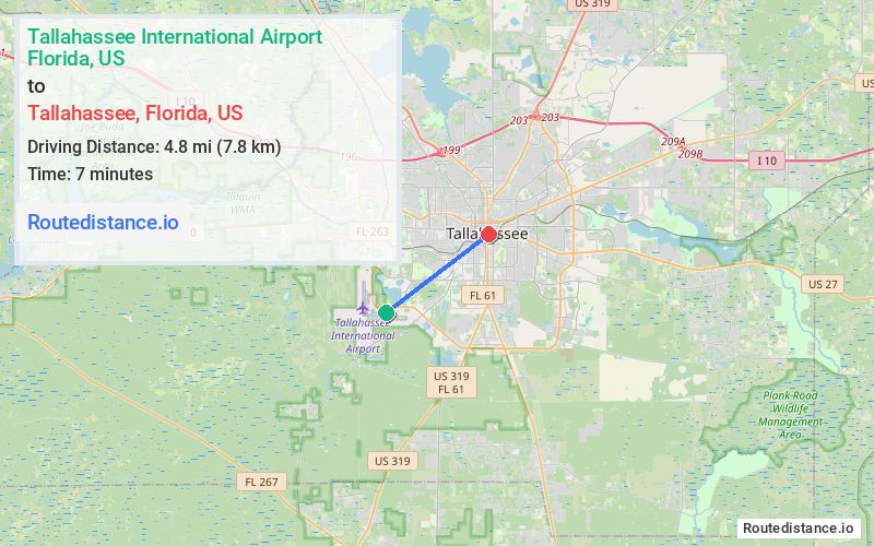 Route map from Tallahassee International Airport to Tallahassee