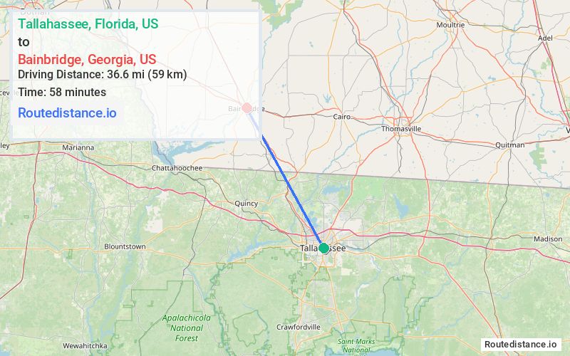 Route map from Tallahassee to Bainbridge