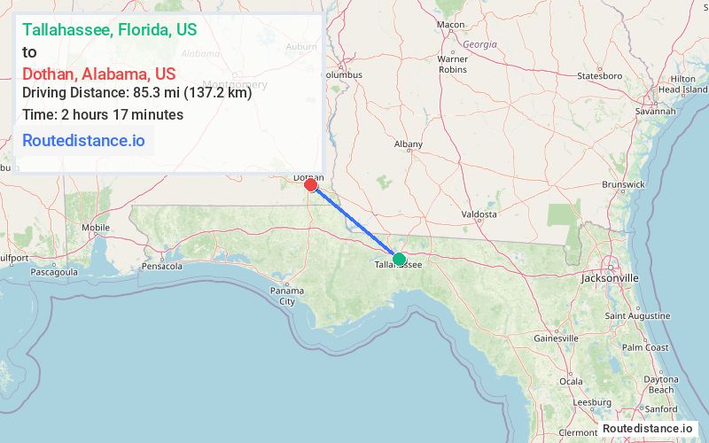 Route map from Tallahassee to Dothan