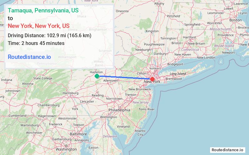 Route map from Tamaqua to New York