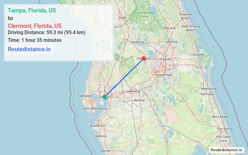 Route map from Tampa to Clermont