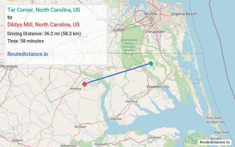 Route map from Tar Corner to Dildys Mill