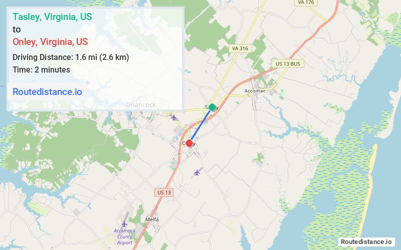 Route map from Tasley to Onley