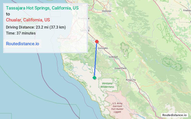 Route map from Tassajara Hot Springs to Chualar