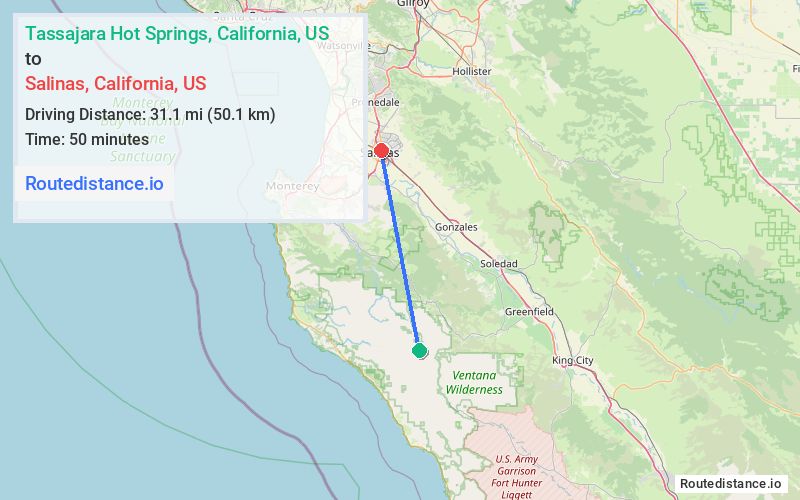Route map from Tassajara Hot Springs to Salinas