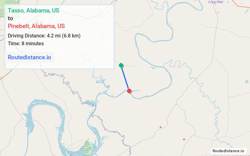 Route map from Tasso to Pinebelt
