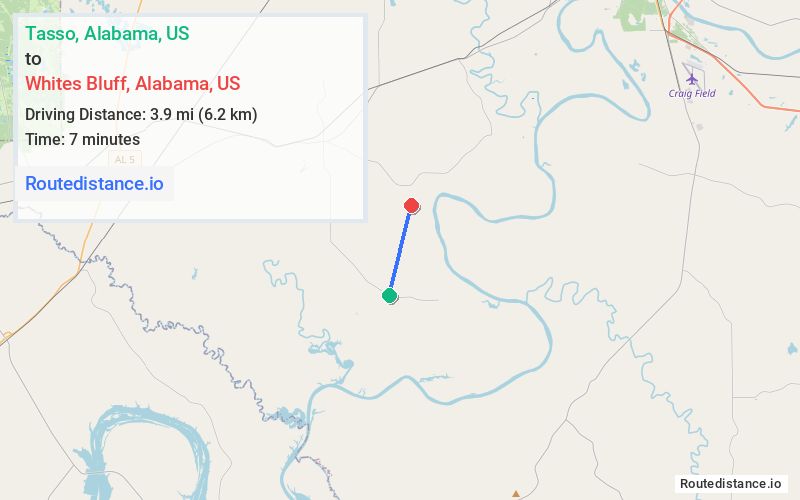 Route map from Tasso to Whites Bluff