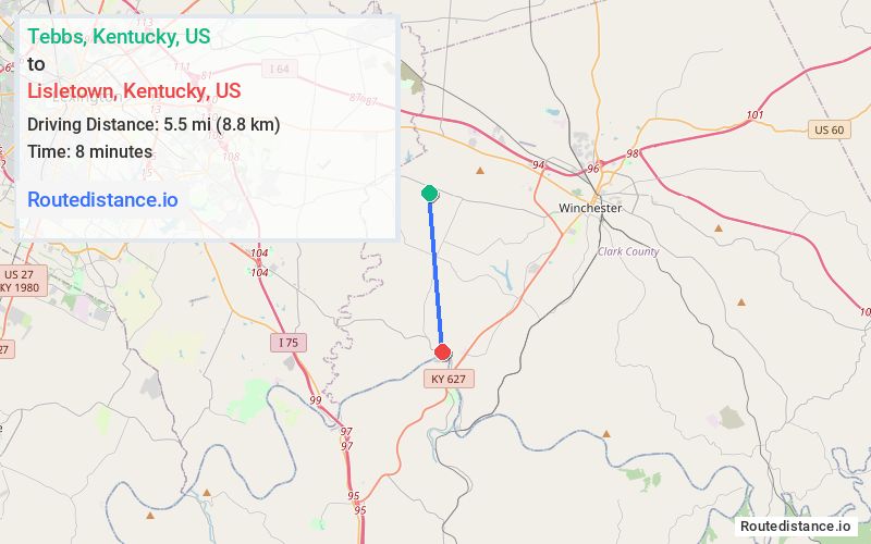 Distance from Tebbs to Lisletown